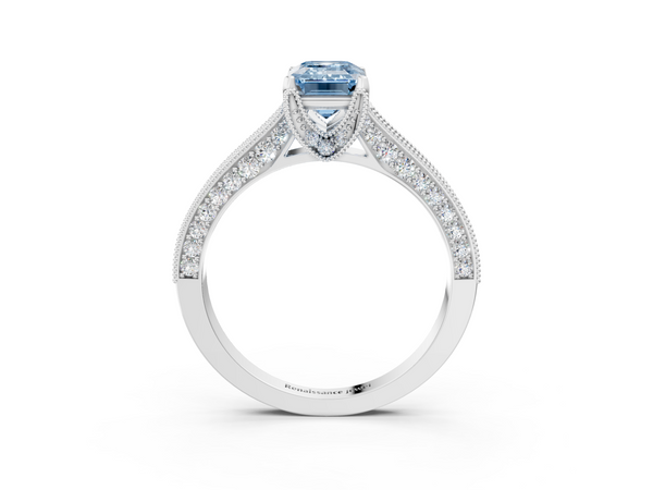 Platinum Fancy Blue Emerald  Cut Diamond Solitaire Ring with Milgrain Pave Band and Four Prong Setting