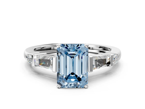 Platinum Fancy Blue Emerald  Cut Diamond Ring with Baguette Side Stones, Channel Set Band, and Four-Prong Setting
