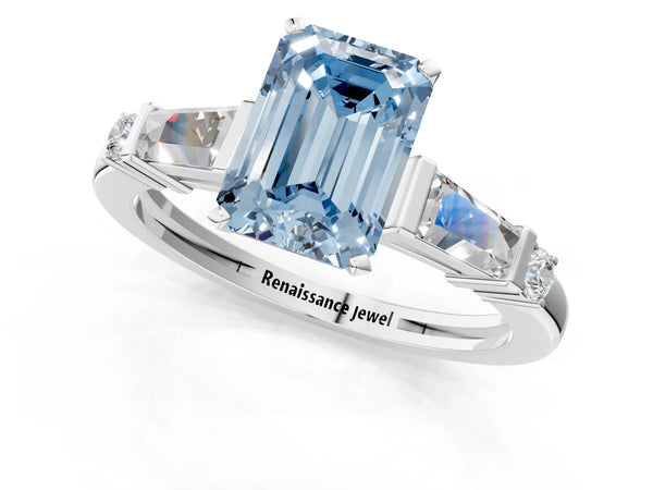 Platinum Fancy Blue Emerald  Cut Diamond Ring with Baguette Side Stones, Channel Set Band, and Four-Prong Setting