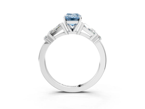 Platinum Fancy Blue Emerald  Cut Diamond Ring with Baguette Side Stones, Channel Set Band, and Four-Prong Setting