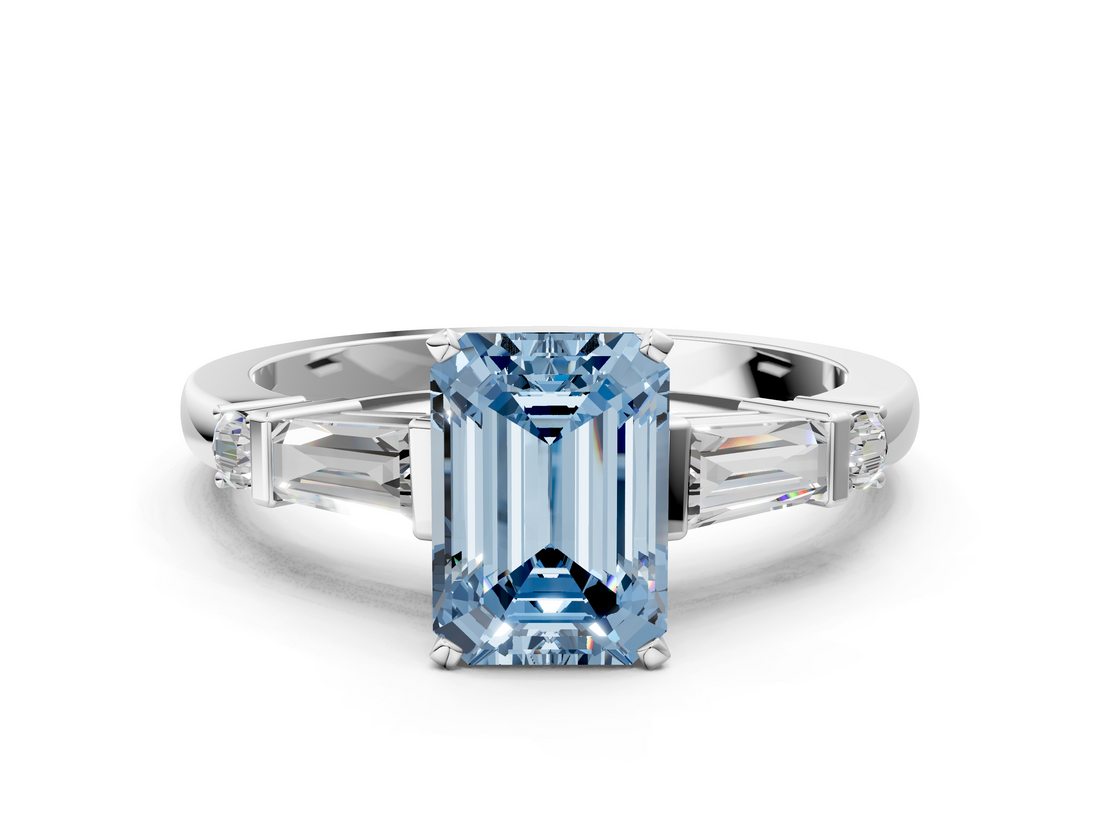 White gold Fancy Blue Emerald  Cut Diamond Ring with Baguette Side Stones, Channel Set Band, and Four-Prong Setting_3