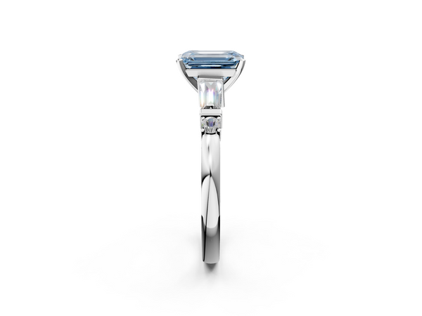 Platinum Fancy Blue Emerald  Cut Diamond Ring with Baguette Side Stones, Channel Set Band, and Four-Prong Setting