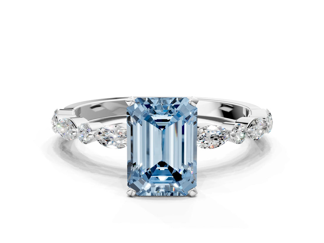 White gold Fancy Blue Emerald Cut Diamond Ring with Marquise and Round  Side Stones and Four-Prong Setting_76