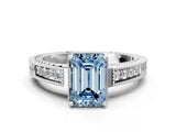 White gold Fancy Blue Emerald Cut Diamond Ring with Milgrain Pavé Band and Four-Prong Setting_32