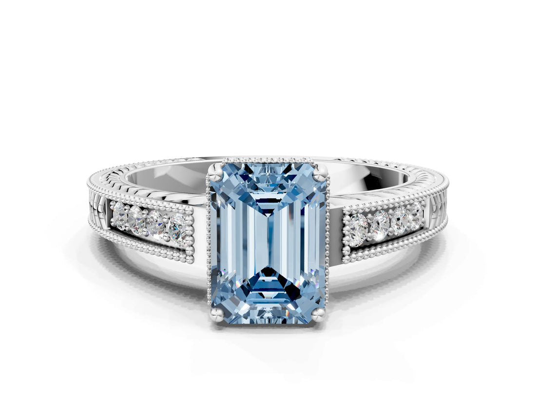 White gold Fancy Blue Emerald Cut Diamond Ring with Milgrain Pavé Band and Four-Prong Setting_32