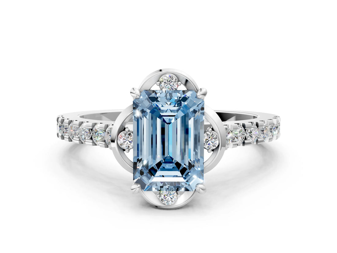 White gold Fancy Blue Emerald Cut Diamond Ring with Pavé Band and Floral Prong Setting_39