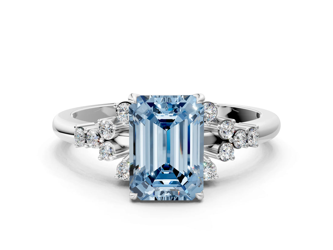 White gold Fancy Blue Emerald Cut Diamond Ring with Side Stones and Four-Prong Setting_161