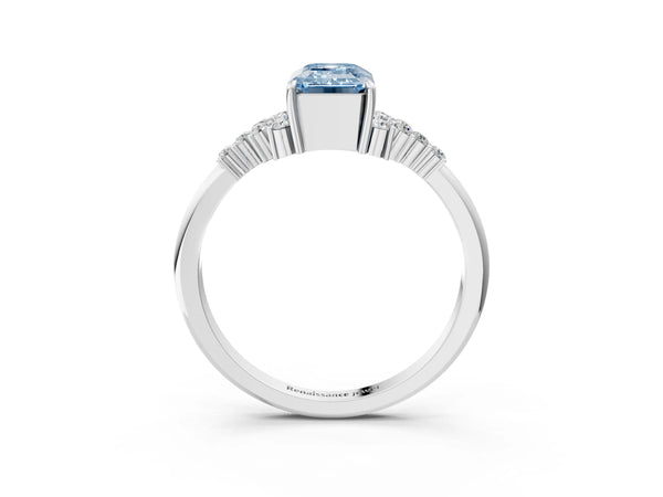 Platinum Fancy Blue Emerald Cut Diamond Ring with Side Stones and Four-Prong Setting