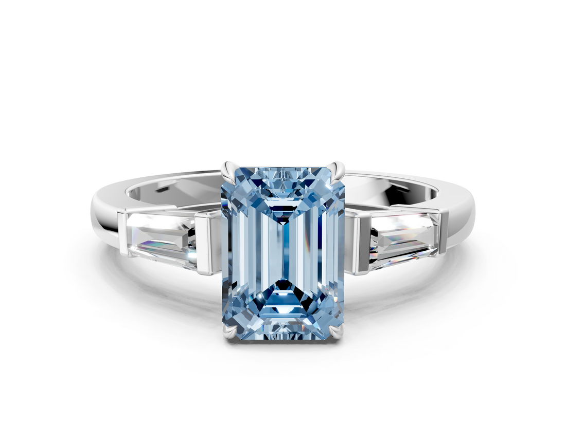 White gold Fancy Blue Emerald  Cut Diamond Ring with Tapered Baguette Side Stones in Four-Prong Setting_3