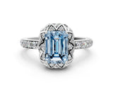 White gold Fancy Blue Emerald Cut Diamond Scalloped Halo Engagement Ring with Round Shared Prong Band_13