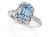 White gold Fancy Blue Emerald Cut Diamond Scalloped Halo Engagement Ring with Round Shared Prong Band_14