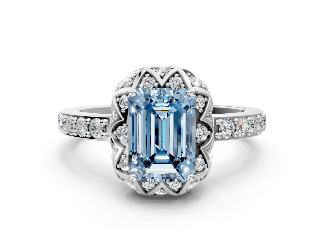 White gold Fancy Blue Emerald Cut Diamond Scalloped Halo Engagement Ring with Round Shared Prong Band_19