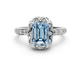White gold Fancy Blue Emerald Cut Diamond Scalloped Halo Engagement Ring with Round Shared Prong Band_19
