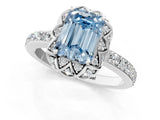 White gold Fancy Blue Emerald Cut Diamond Scalloped Halo Engagement Ring with Round Shared Prong Band_20