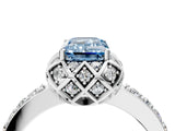 White gold Fancy Blue Emerald Cut Diamond Scalloped Halo Engagement Ring with Round Shared Prong Band_23