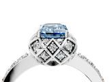 White gold Fancy Blue Emerald Cut Diamond Scalloped Halo Engagement Ring with Round Shared Prong Band_41