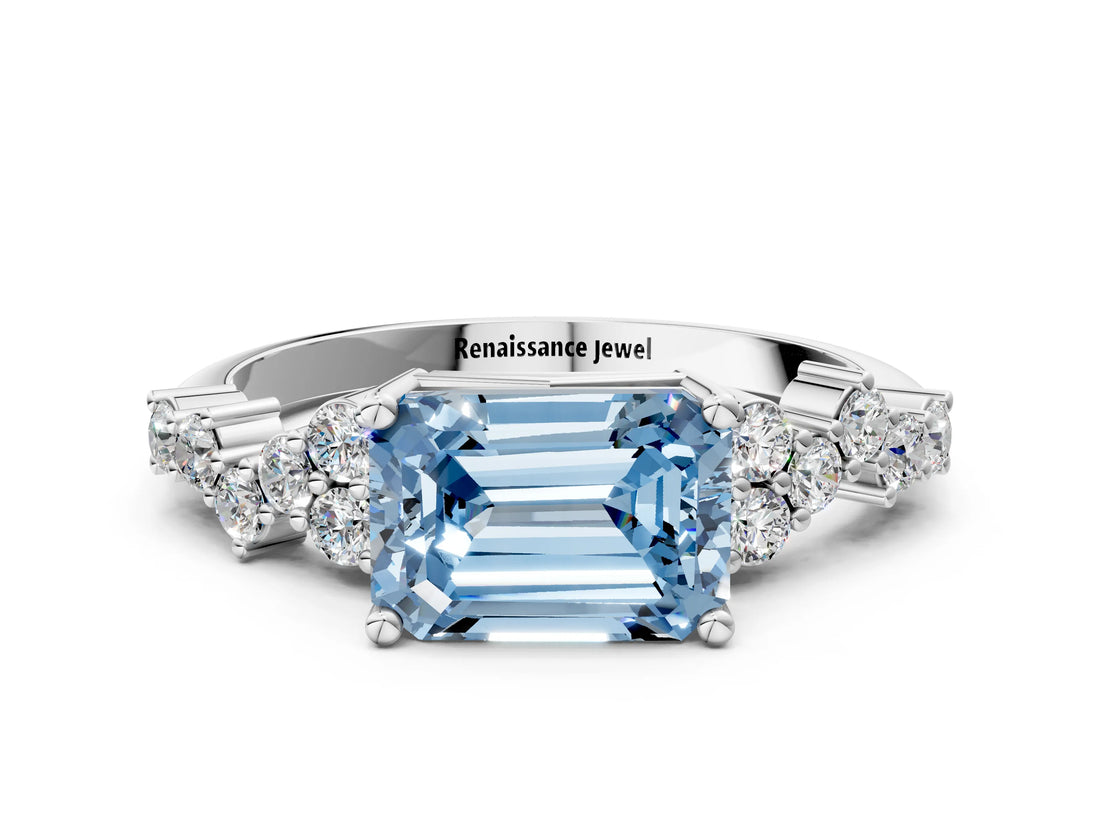 White gold Fancy Blue Emerald Cut Diamond Scattered Round Accent Ring with Prong Setting_12
