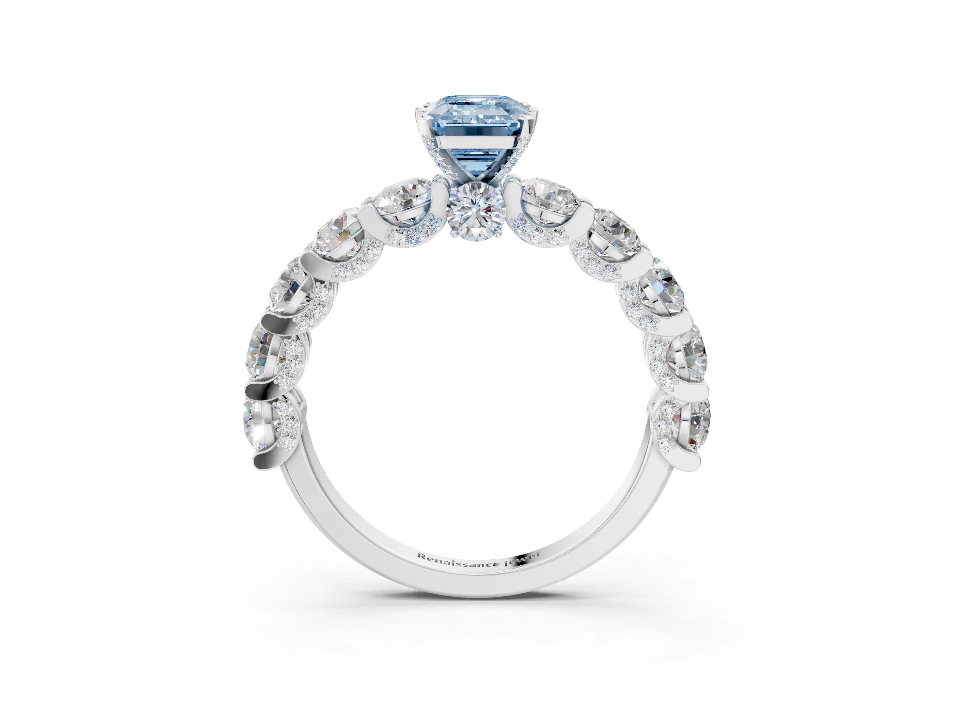 White gold Fancy Blue Emerald Cut Diamond Side Stone Engagement Ring with Four-Prong Setting_29