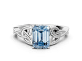 White gold Fancy Blue Emerald Cut Diamond Solitaire Celtic Knot Ring with Four-Prong Setting_106