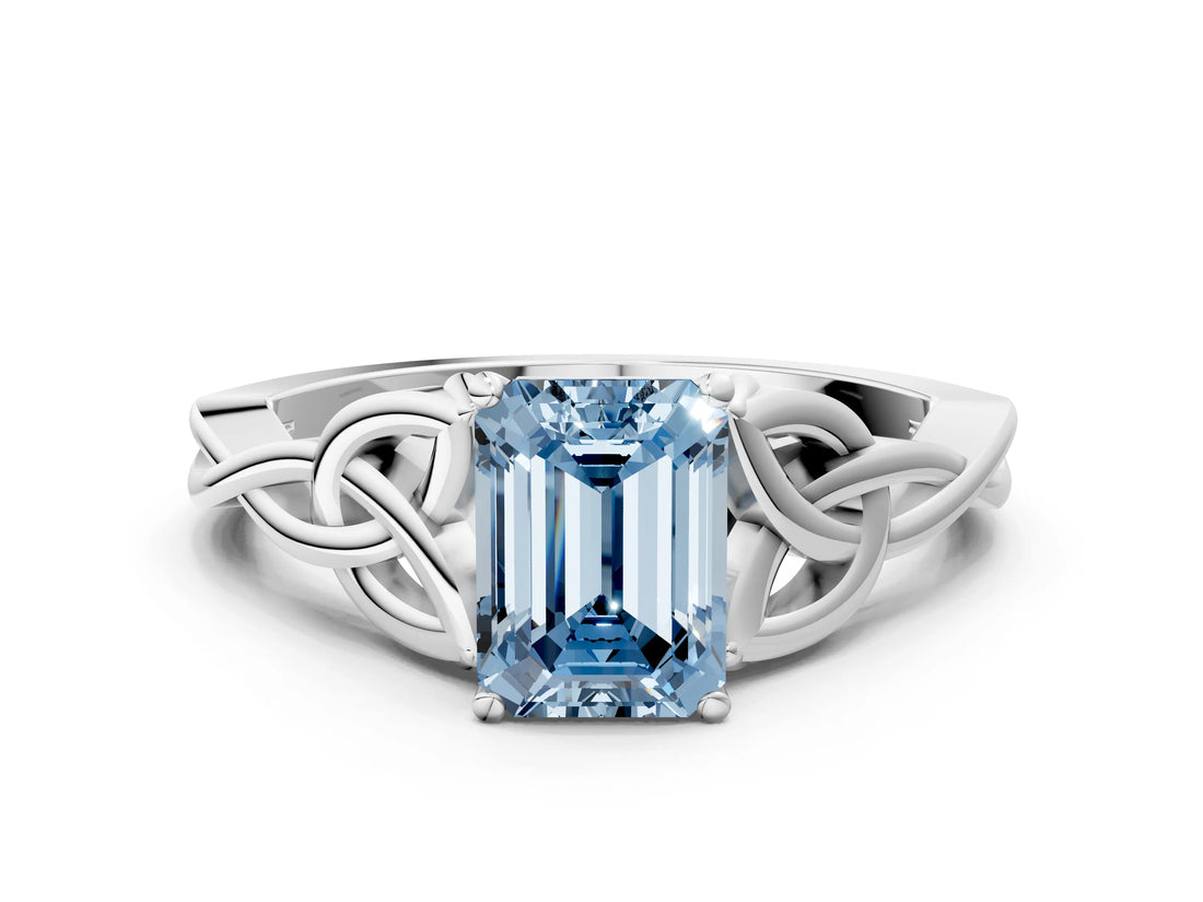 White gold Fancy Blue Emerald Cut Diamond Solitaire Celtic Knot Ring with Four-Prong Setting_107