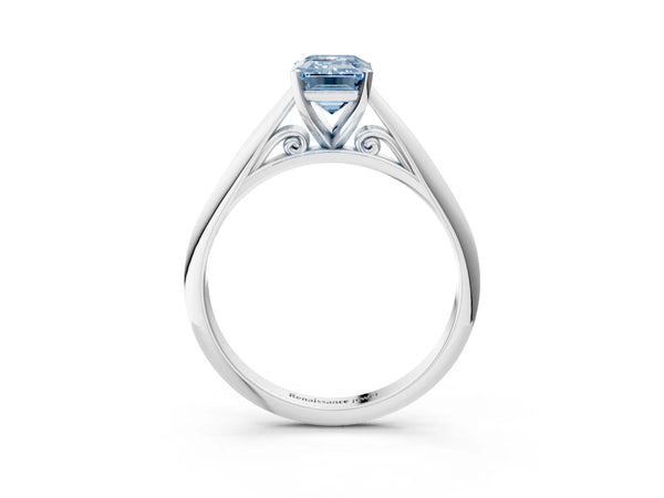Platinum Fancy Blue Emerald Cut Diamond Solitaire Engagement Ring with Cathedral Setting and Four-Prong Mount