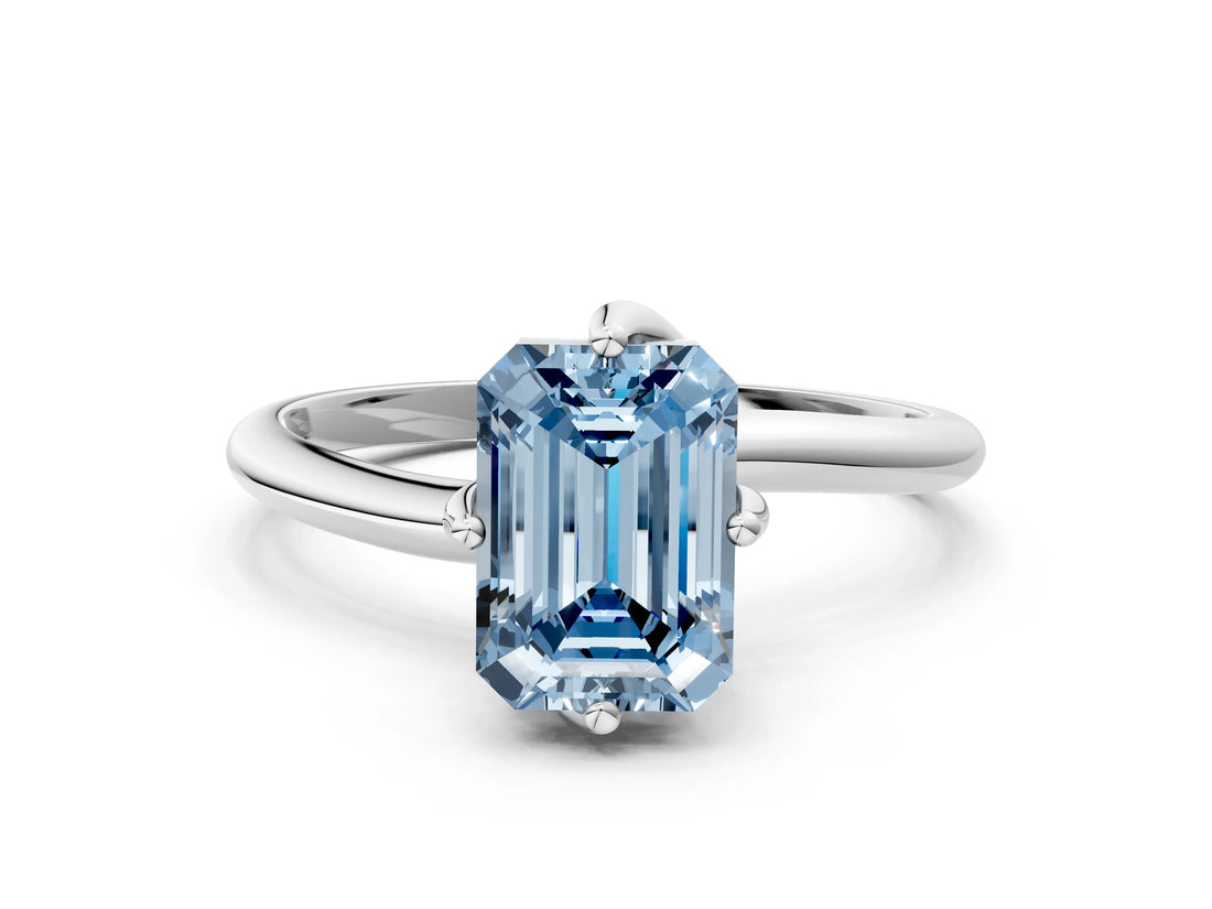 White gold Fancy Blue Emerald Cut Diamond Solitaire Engagement Ring with Four-Prong Setting and Classic Band_32