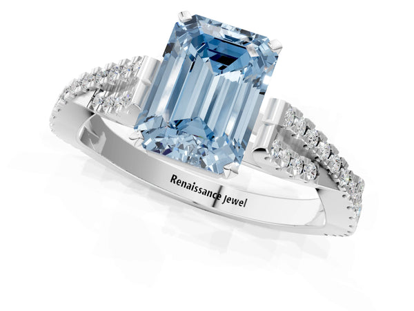 Platinum Fancy Blue Emerald Cut Diamond Solitaire Engagement Ring with Twisted Pavé Band and Four-Prong Setting