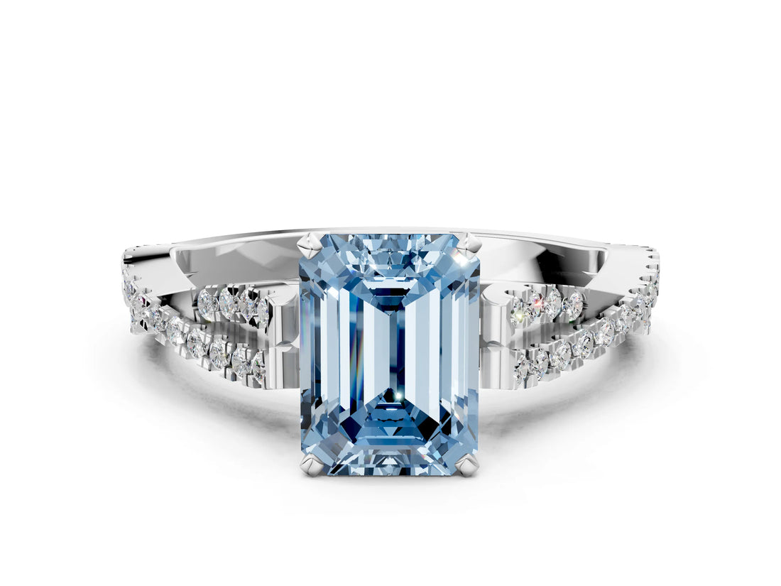 White gold Fancy Blue Emerald Cut Diamond Solitaire Engagement Ring with Twisted Pavé Band and Four-Prong Setting_93