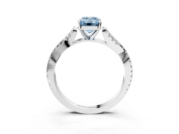 Platinum Fancy Blue Emerald Cut Diamond Solitaire Engagement Ring with Twisted Pavé Band and Four-Prong Setting