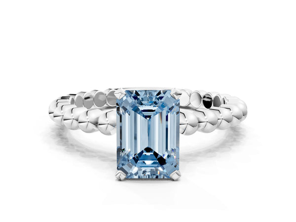 Platinum Fancy Blue Emerald Cut Diamond Solitaire Ring with Beaded Band and Prong Setting