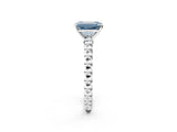 White gold Fancy Blue Emerald Cut Diamond Solitaire Ring with Beaded Band and Prong Setting_392