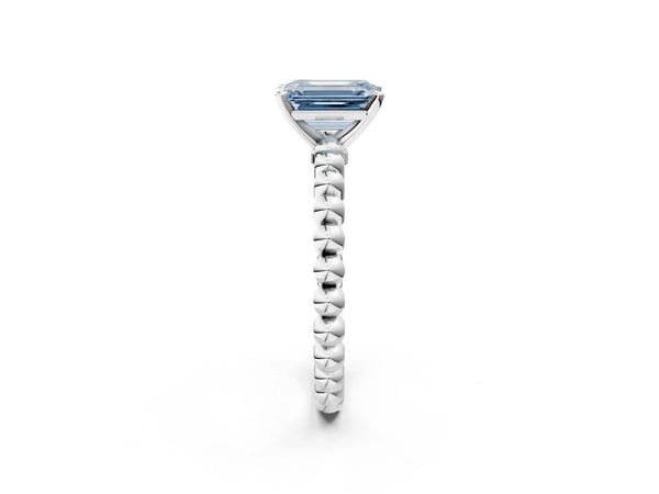 Platinum Fancy Blue Emerald Cut Diamond Solitaire Ring with Beaded Band and Prong Setting
