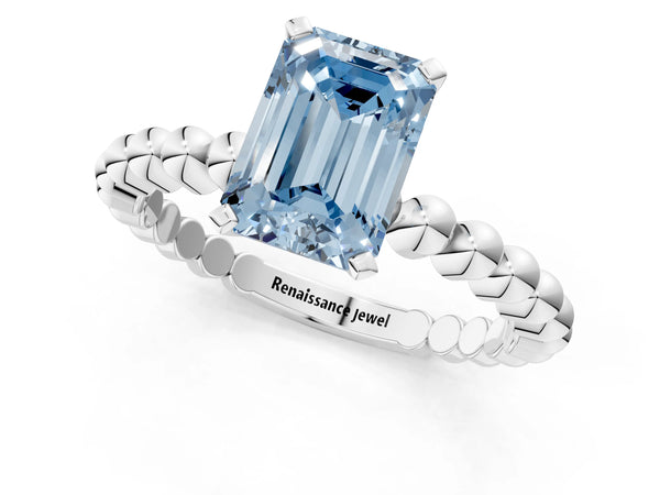 White gold Fancy Blue Emerald Cut Diamond Solitaire Ring with Beaded Band and Prong Setting