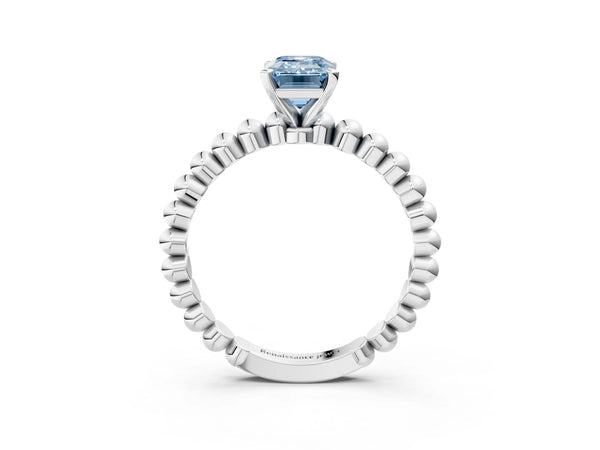White gold Fancy Blue Emerald Cut Diamond Solitaire Ring with Beaded Band and Prong Setting