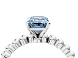White gold Fancy Blue Emerald Cut Diamond Solitaire Ring with Beaded Band and Prong Setting_394