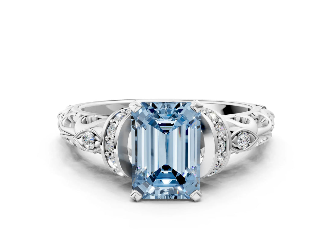 White gold Fancy Blue Emerald Cut Diamond Solitaire Ring with Filigree Band and Four-Prong Setting_92
