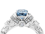 White gold Fancy Blue Emerald Cut Diamond Solitaire Ring with Filigree Band and Four-Prong Setting_97