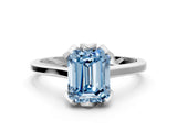 White gold Fancy Blue Emerald Cut Diamond Solitaire Ring with Flower Prong Setting and Classic Band_106