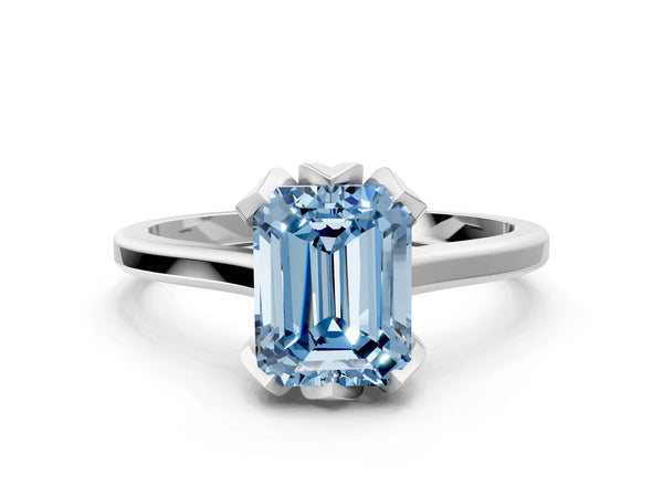 White gold Fancy Blue Emerald Cut Diamond Solitaire Ring with Flower Prong Setting and Classic Band