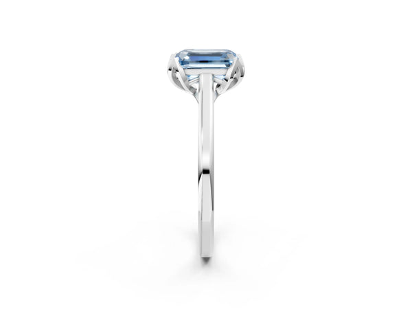 White gold Fancy Blue Emerald Cut Diamond Solitaire Ring with Flower Prong Setting and Classic Band