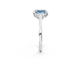 White gold Fancy Blue Emerald Cut Diamond Solitaire Ring with Flower Prong Setting and Classic Band_114
