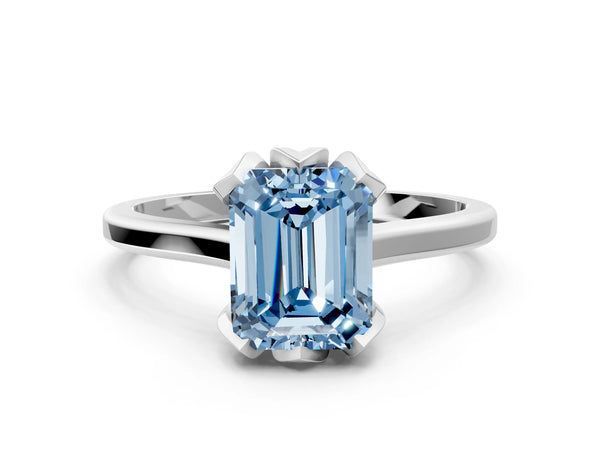 White gold Fancy Blue Emerald Cut Diamond Solitaire Ring with Flower Prong Setting and Classic Band