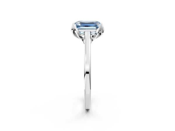 White gold Fancy Blue Emerald Cut Diamond Solitaire Ring with Flower Prong Setting and Classic Band