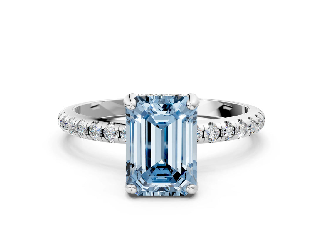 White gold Fancy Blue Emerald Cut Diamond Solitaire Ring with Four-Prong Setting and Pavé Band_3
