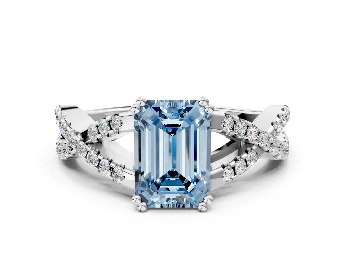 White gold Fancy Blue Emerald Cut Diamond Solitaire Ring with Four-Prong Setting and Twisted Pavé Band_51