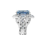 White gold Fancy Blue Emerald Cut Diamond Solitaire Ring with Hidden Halo and Pavé Band_56