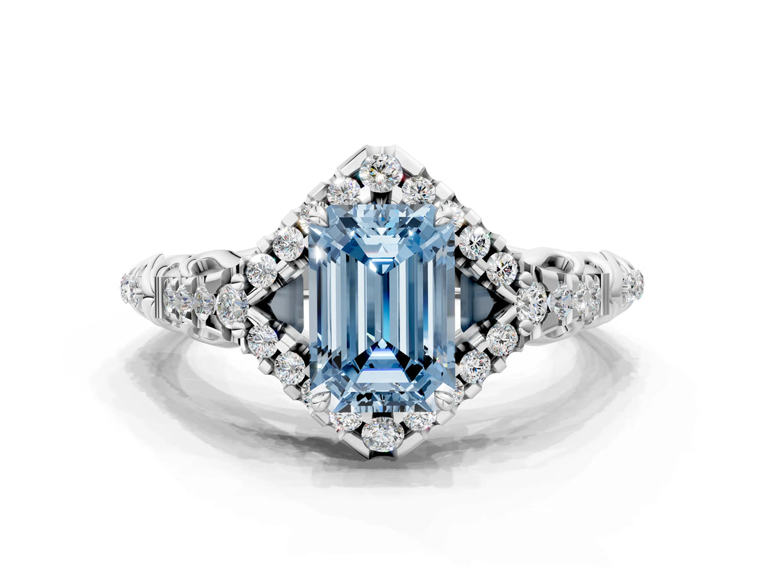 White gold Fancy Blue Emerald Cut Diamond Solitaire Ring with Hidden Halo and Pavé Band_57
