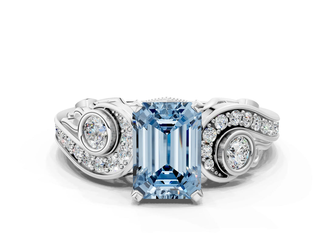White gold Fancy Blue Emerald Cut Diamond Solitaire Ring with Milgrain Pavé Band and Four-Prong Setting_306