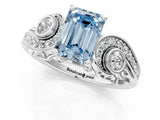 White gold Fancy Blue Emerald Cut Diamond Solitaire Ring with Milgrain Pavé Band and Four-Prong Setting_307