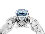 White gold Fancy Blue Emerald Cut Diamond Solitaire Ring with Milgrain Pavé Band and Four-Prong Setting_310